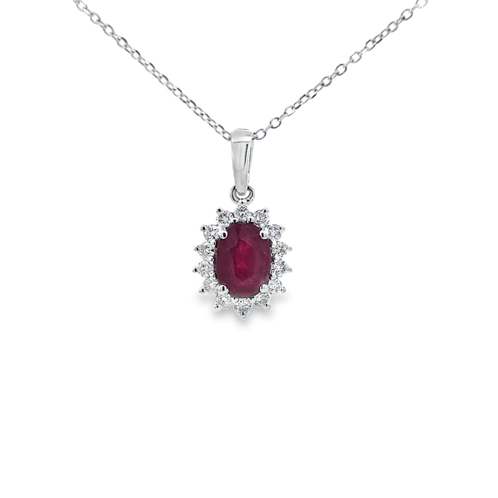Ruby & Diamond Oval Shaped Pendant Set in 18ct White Gold