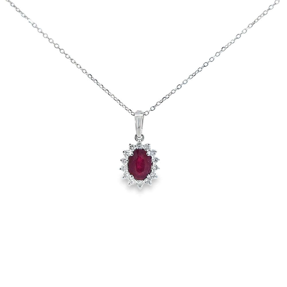 Ruby & Diamond Oval Shaped Pendant Set in 18ct White Gold