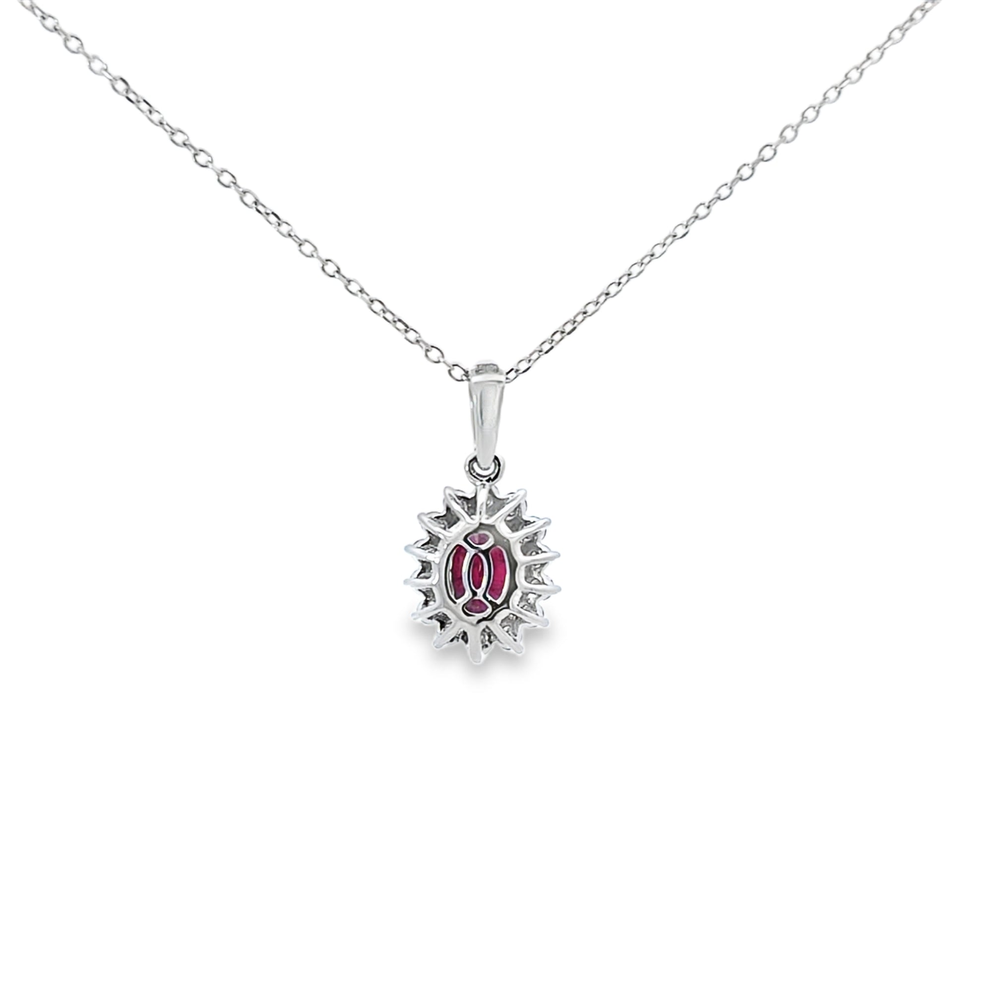 Ruby & Diamond Oval Shaped Pendant Set in 18ct White Gold