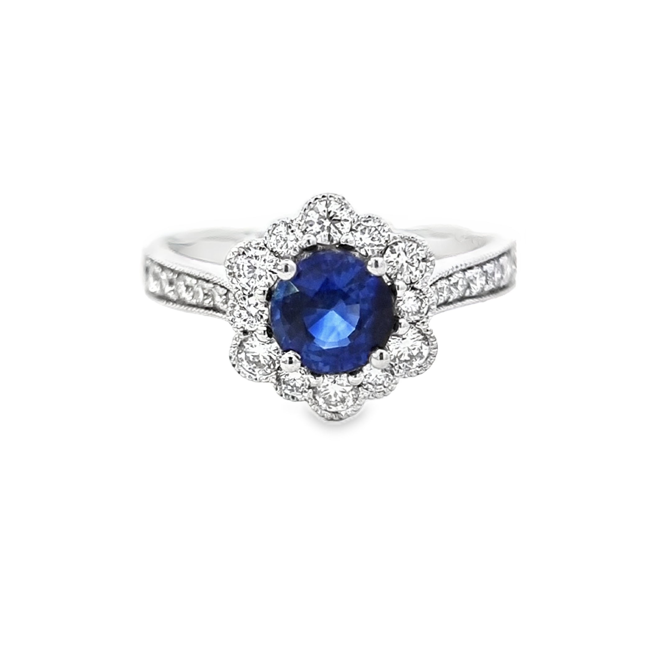 VIP Sapphire & Diamond Fancy Halo Ring Set in Platinum - Montpellier Jewellers