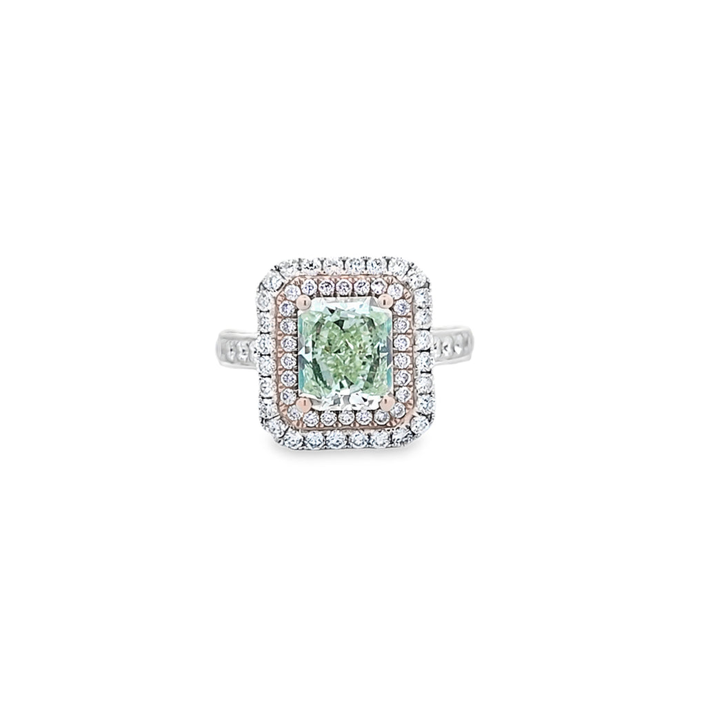 GIA 2.20ct Fancy Yellow-Green Radiant Cut Diamond Halo Ring Set in 18ct White Gold