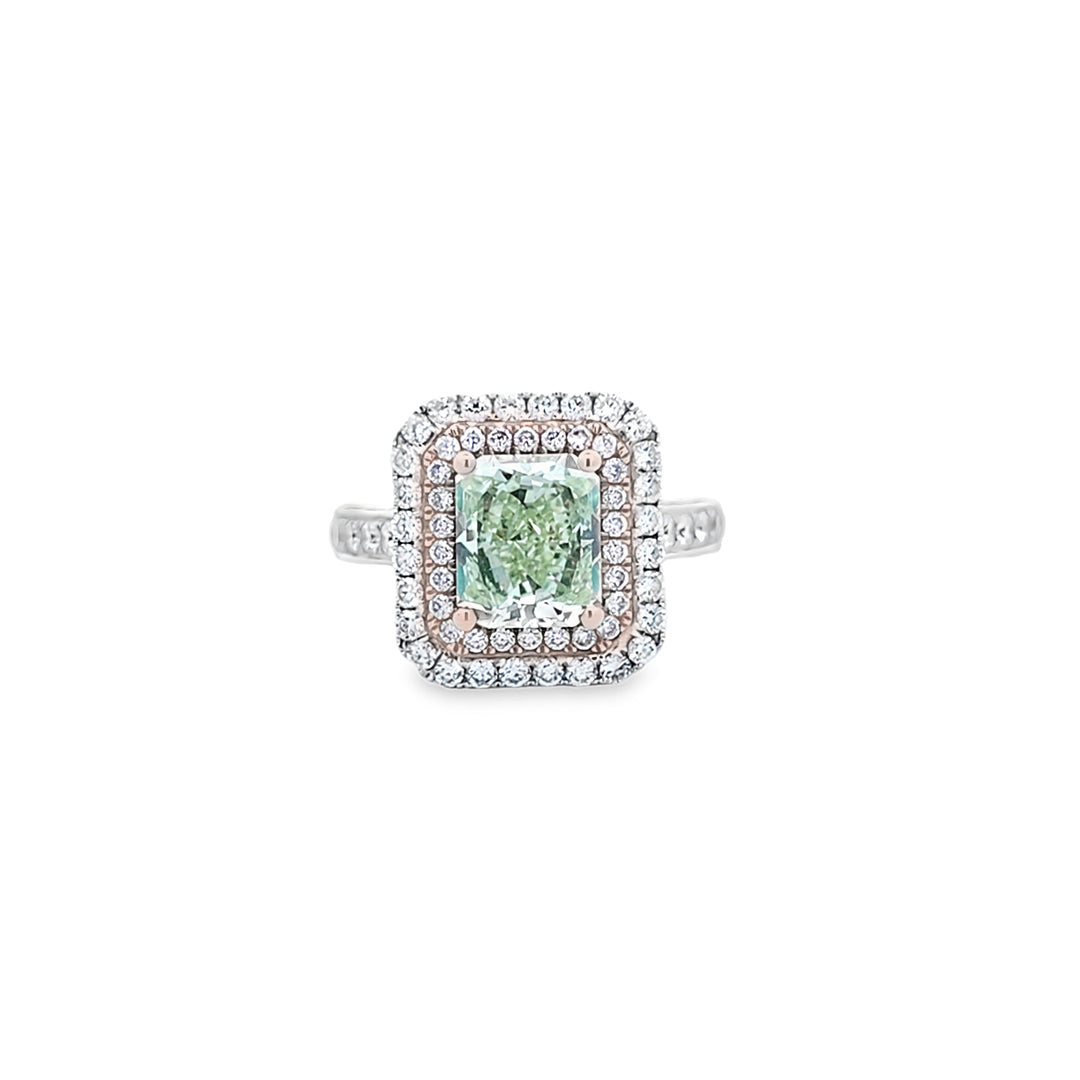 GIA 2.20ct Fancy Yellow-Green Radiant Cut Diamond Halo Ring Set in 18ct White Gold - Montpellier Jewellers