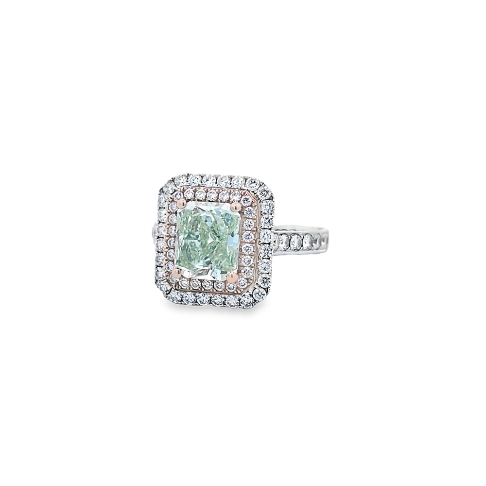 GIA 2.20ct Fancy Yellow-Green Radiant Cut Diamond Halo Ring Set in 18ct White Gold
