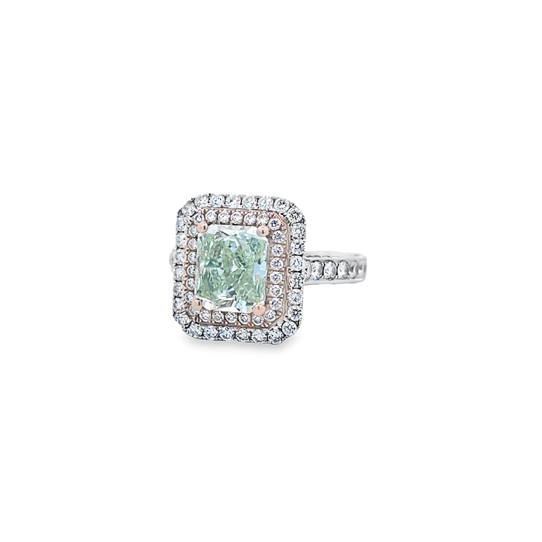 GIA 2.20ct Fancy Yellow-Green Radiant Cut Diamond Halo Ring Set in 18ct White Gold - Montpellier Jewellers