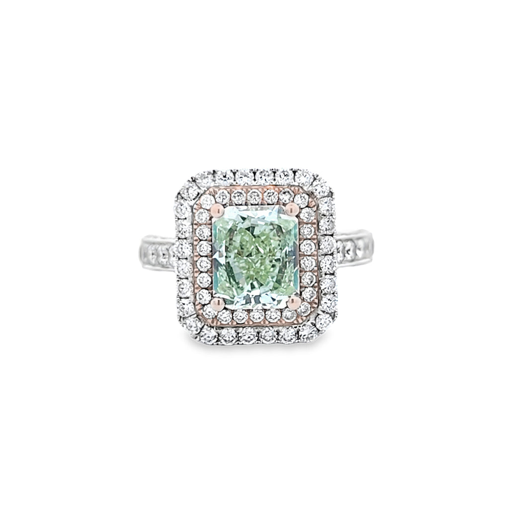 GIA 2.20ct Fancy Yellow-Green Radiant Cut Diamond Halo Ring Set in 18ct White Gold