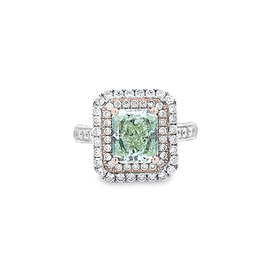 GIA 2.20ct Fancy Yellow-Green Radiant Cut Diamond Halo Ring Set in 18ct White Gold