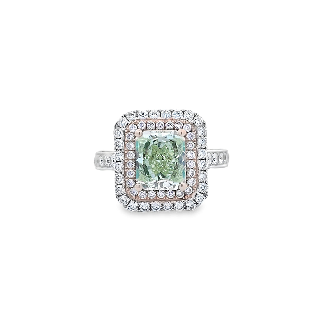 GIA 2.20ct Fancy Yellow-Green Radiant Cut Diamond Halo Ring Set in 18ct White Gold - Montpellier Jewellers