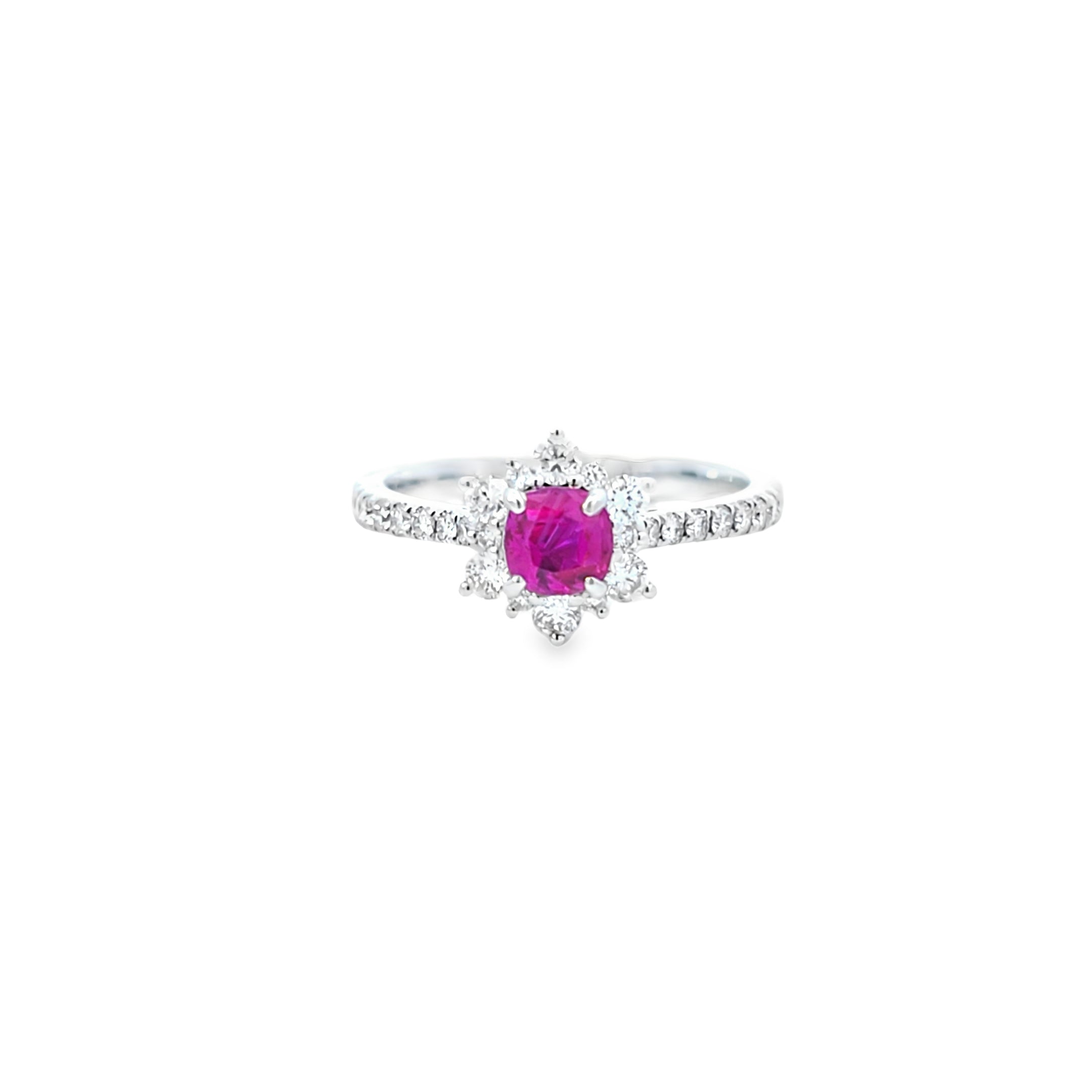 Ruby & Diamond Fancy Cluster Ring with Diamond Shoulders Set in 18ct White Gold - Montpellier Jewellers