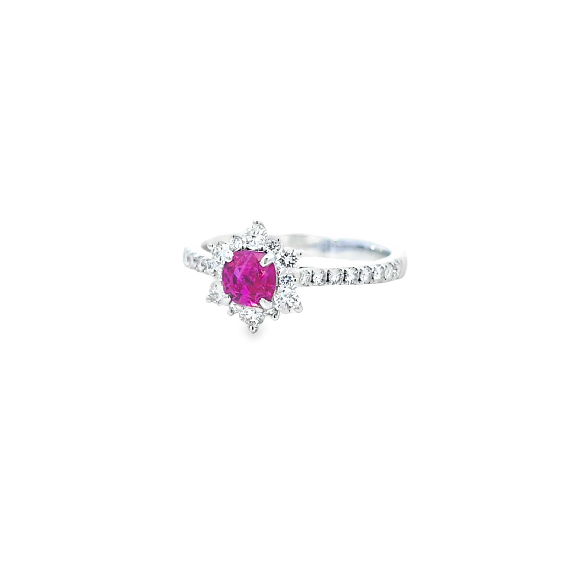 Ruby & Diamond Fancy Cluster Ring with Diamond Shoulders Set in 18ct White Gold - Montpellier Jewellers