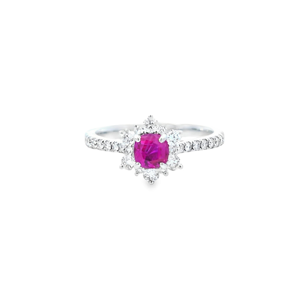 Ruby & Diamond Fancy Cluster Ring with Diamond Shoulders Set in 18ct White Gold
