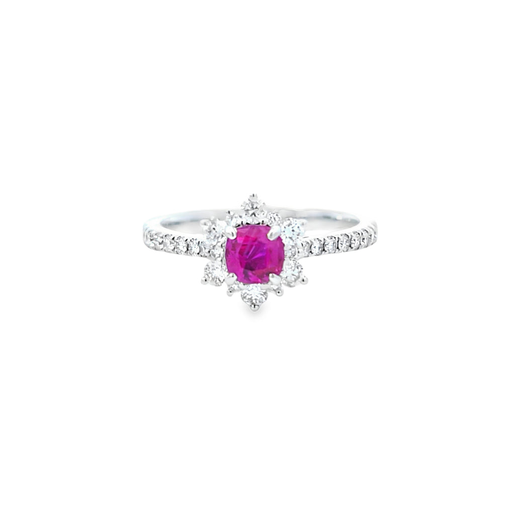 Ruby & Diamond Fancy Cluster Ring with Diamond Shoulders Set in 18ct White Gold