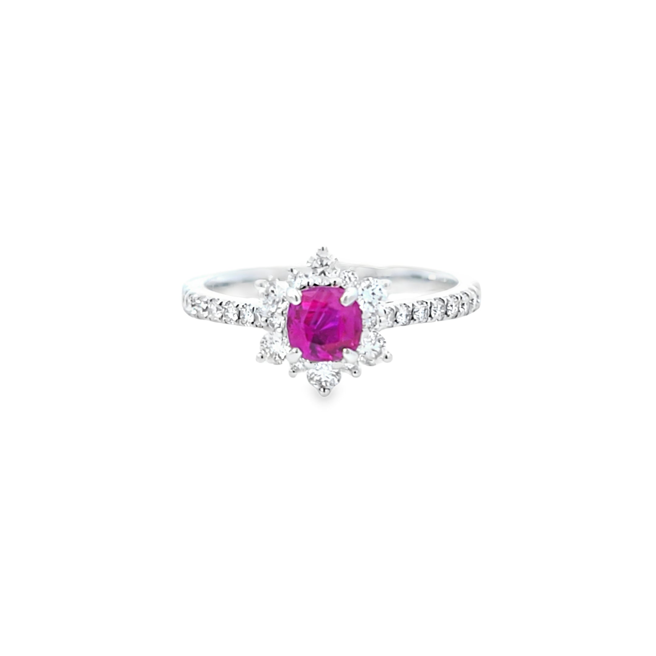 Ruby & Diamond Fancy Cluster Ring with Diamond Shoulders Set in 18ct White Gold - Montpellier Jewellers