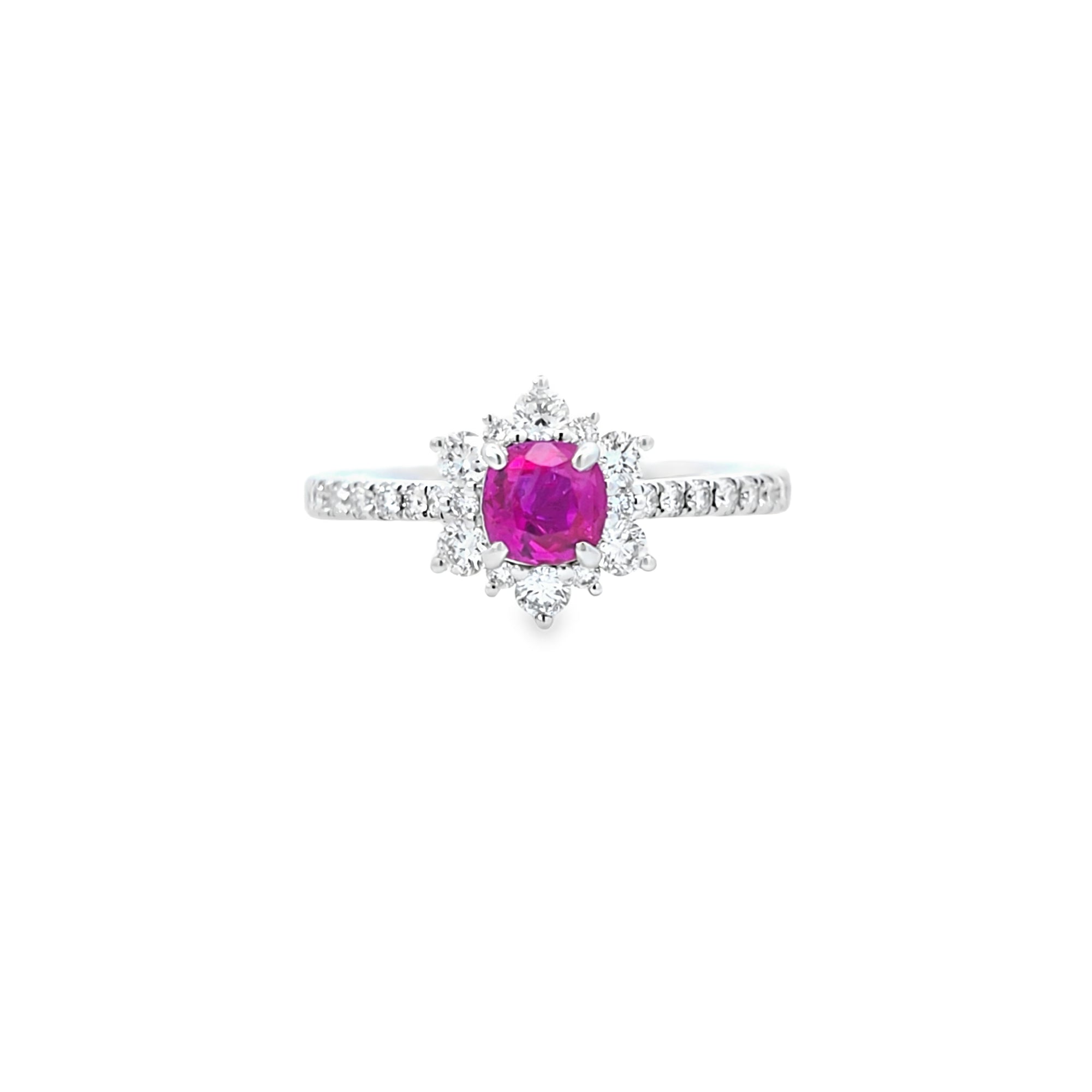 Ruby & Diamond Fancy Cluster Ring with Diamond Shoulders Set in 18ct White Gold