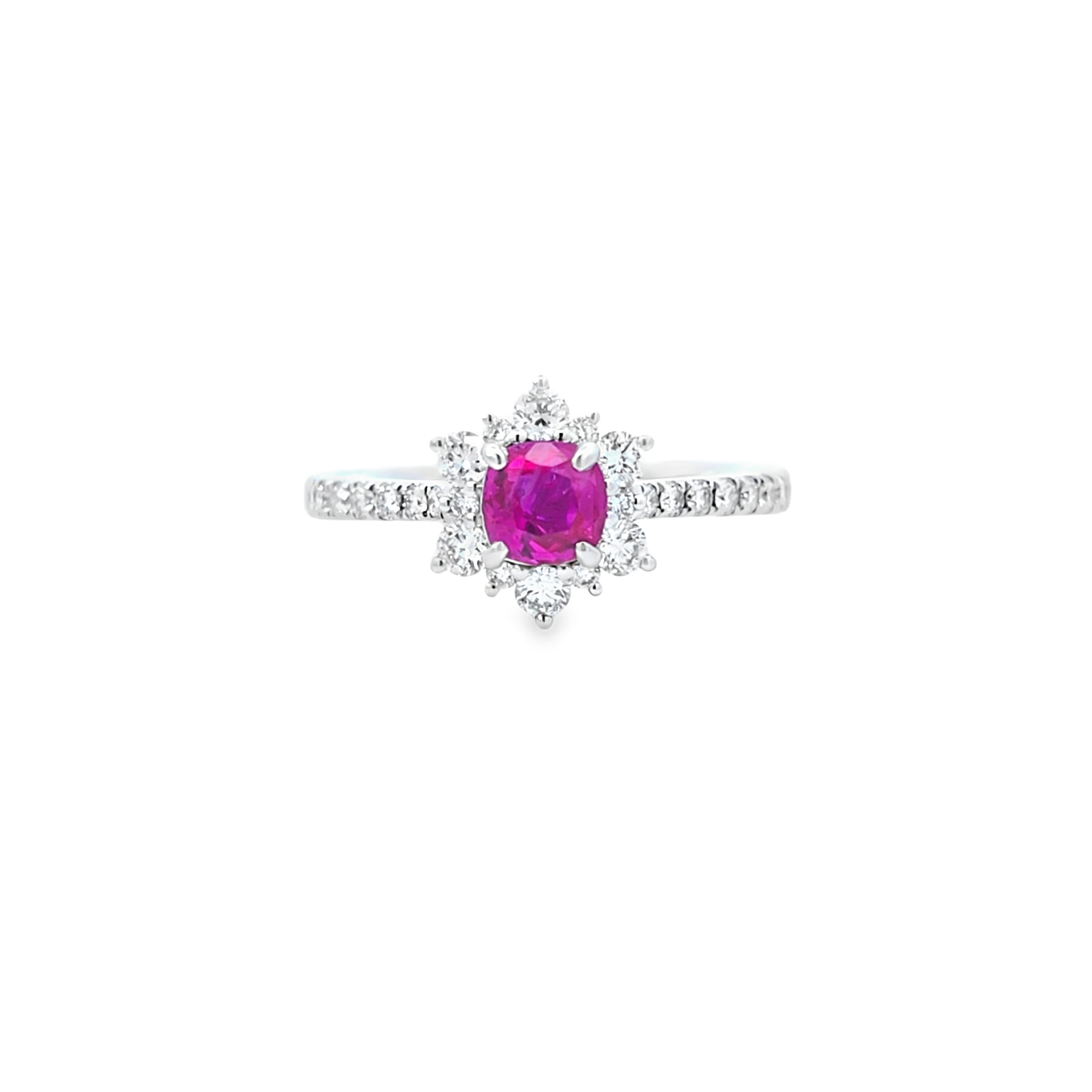 Ruby & Diamond Fancy Cluster Ring with Diamond Shoulders Set in 18ct White Gold - Montpellier Jewellers