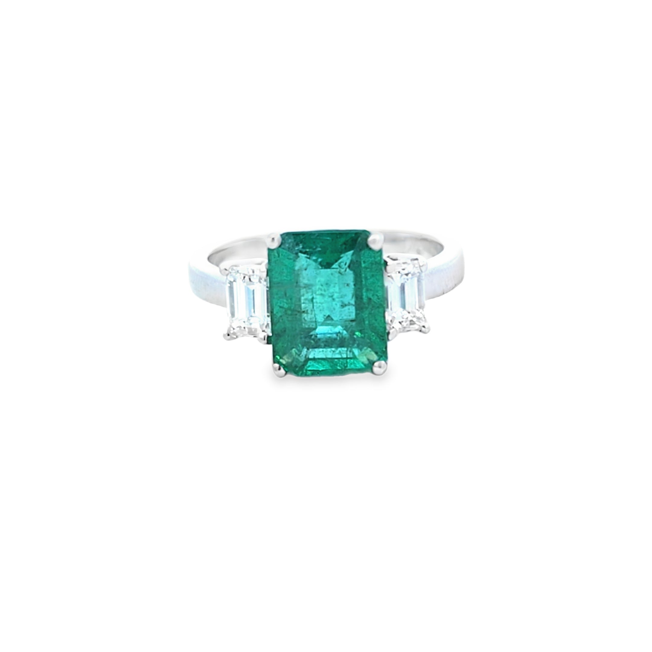 VIP Emerald Ring with Emerald Cut Diamond Side Stones Set in 18ct White Gold - Montpellier Jewellers