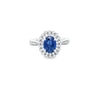 Oval Cut Sapphire & Diamond Fancy Double Cluster Ring with Diamond Shoulders Set in 18ct White Gold