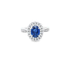 Oval Cut Sapphire & Diamond Fancy Double Cluster Ring with Diamond Shoulders Set in 18ct White Gold