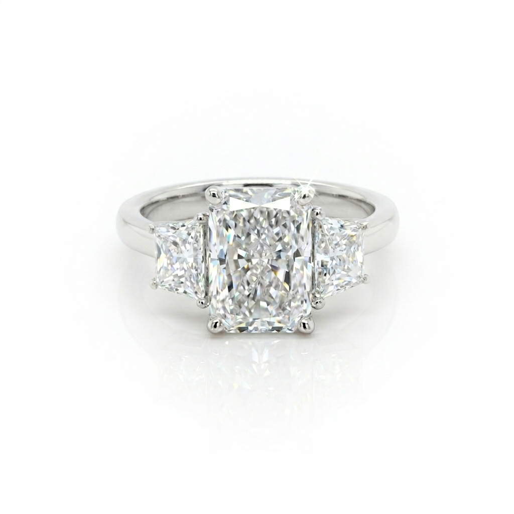 Radiant Cut Lab Grown Diamond Ring with Trapezoid side stones