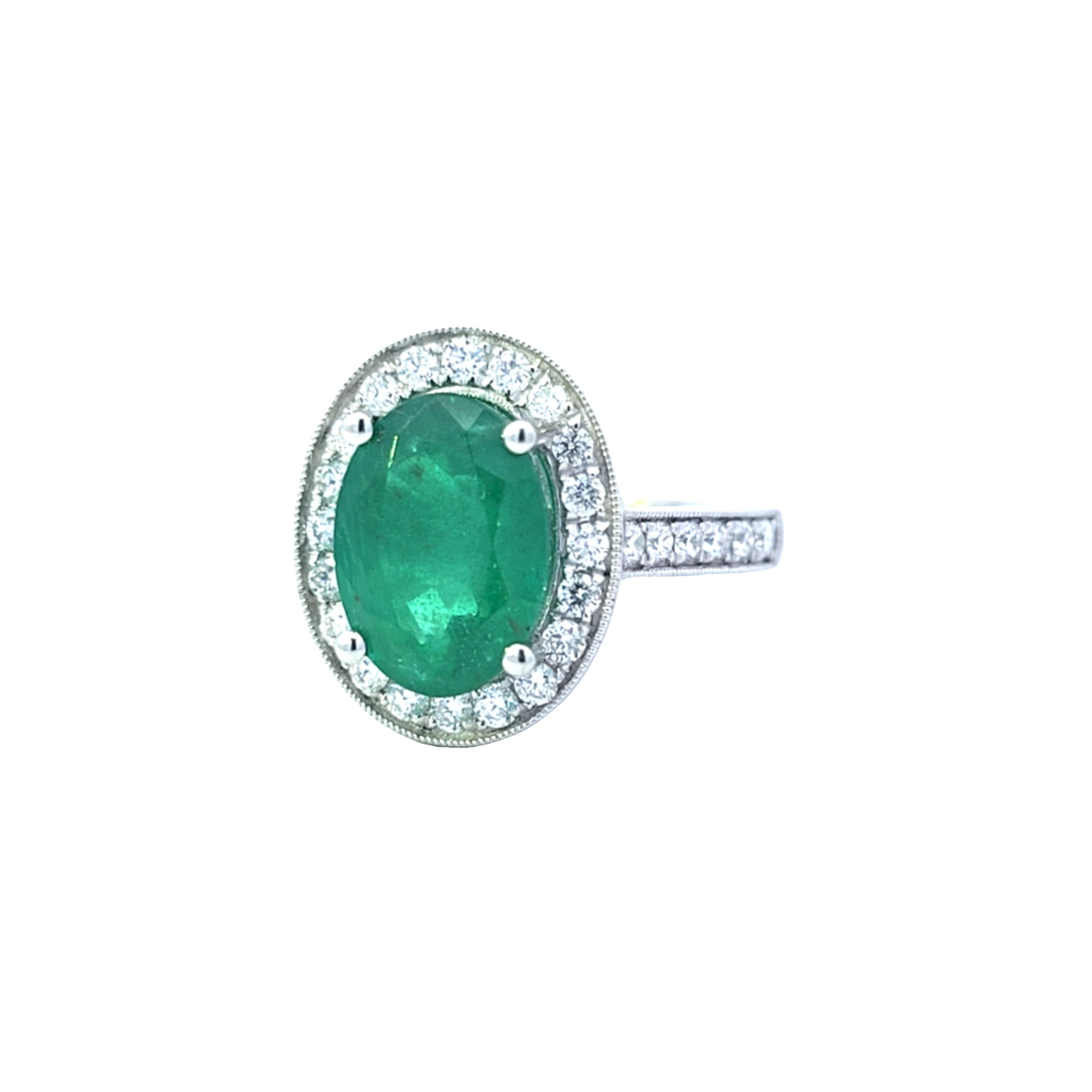 VIP 3.93ct Emerald and Diamond Halo Ring with Diamond Shoulders Set in Platinum - Montpellier Jewellers