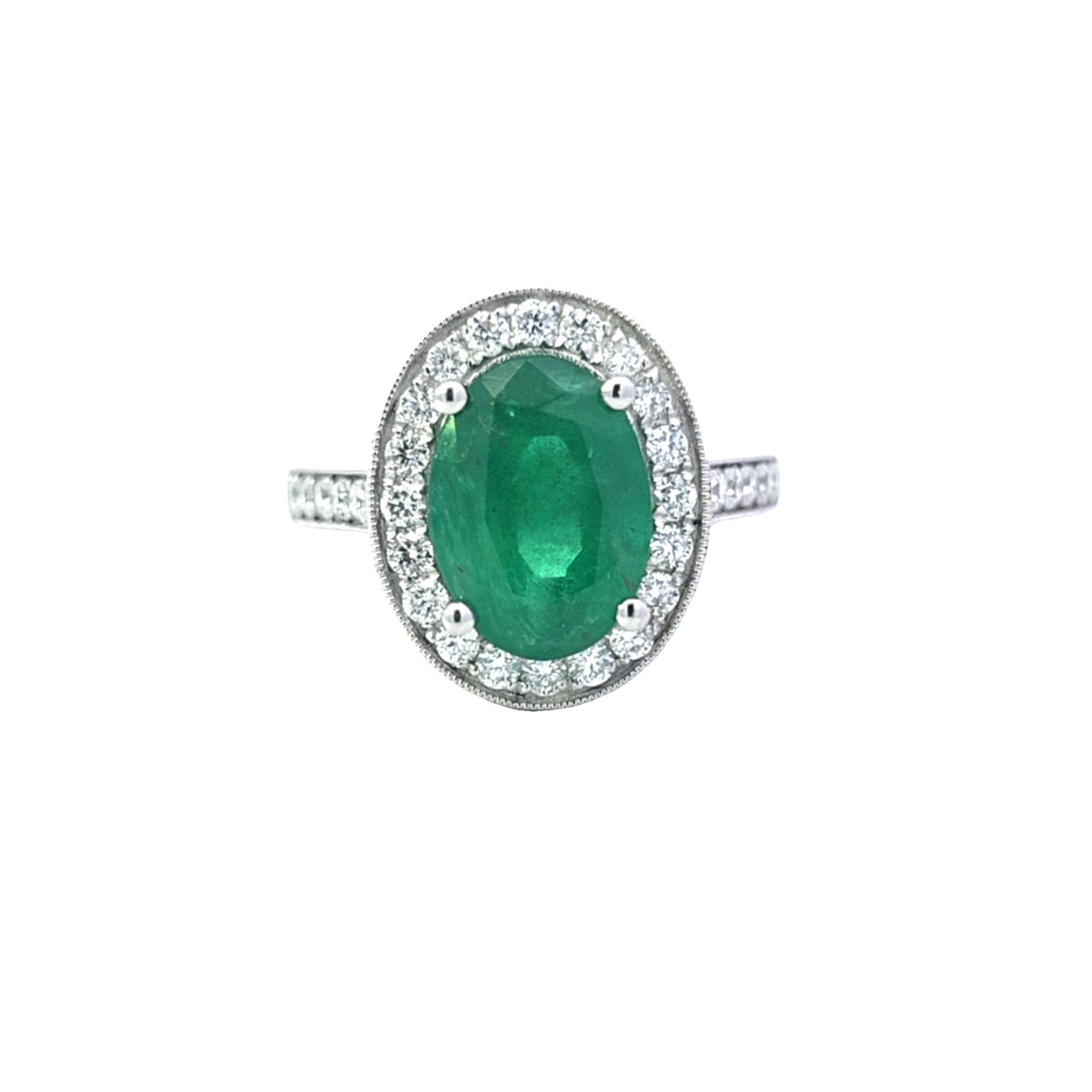 VIP 3.93ct Emerald and Diamond Halo Ring with Diamond Shoulders Set in Platinum - Montpellier Jewellers