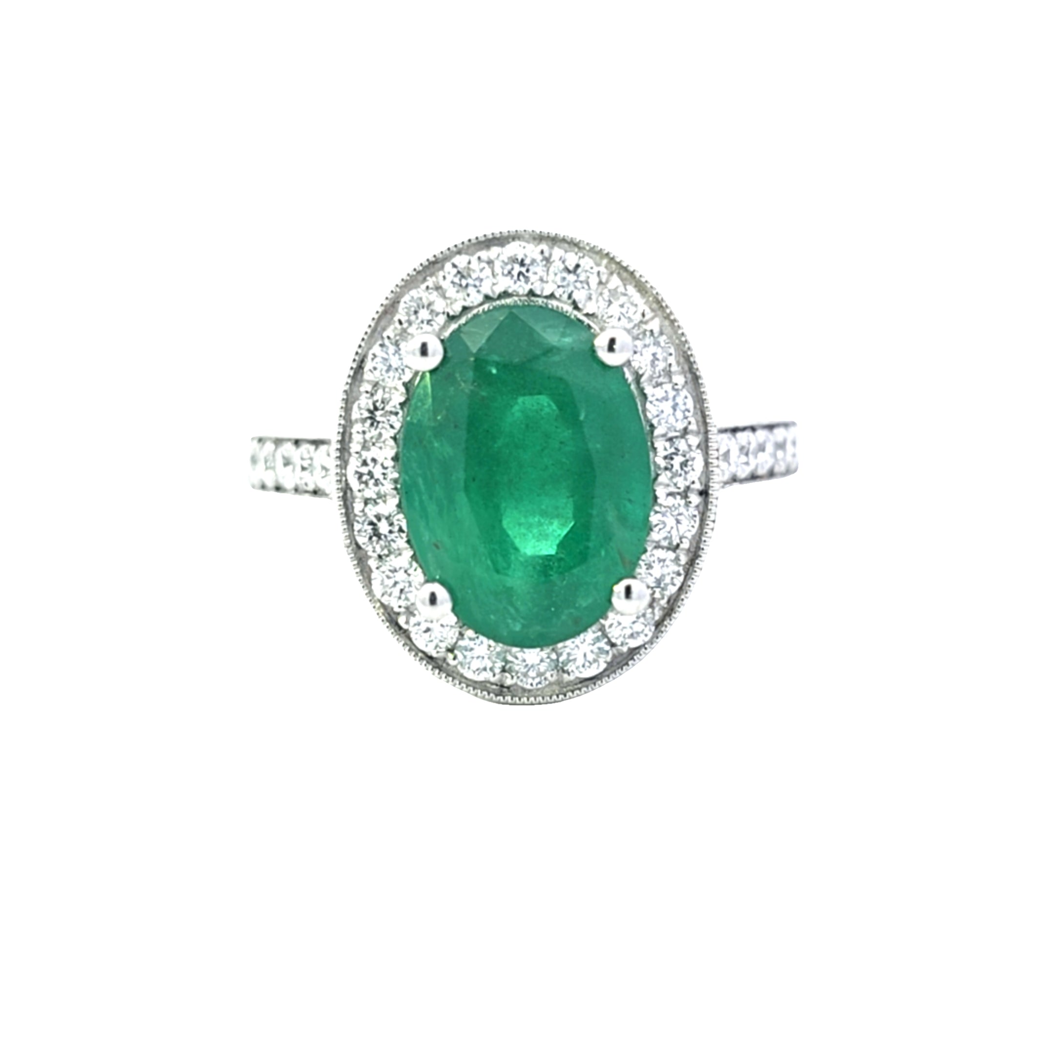 VIP 3.93ct Emerald and Diamond Halo Ring with Diamond Shoulders Set in Platinum - Montpellier Jewellers
