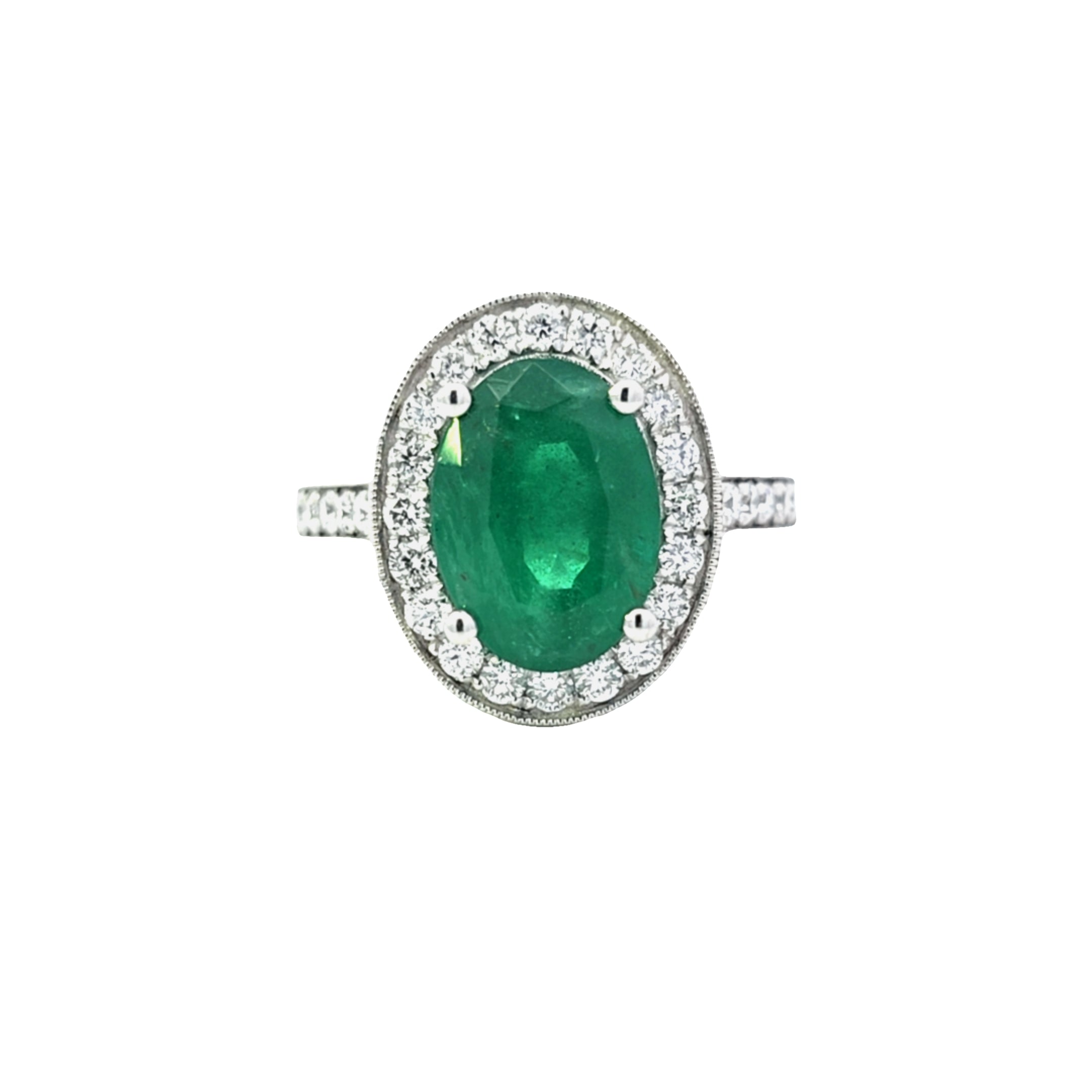 VIP 3.93ct Emerald and Diamond Halo Ring with Diamond Shoulders Set in Platinum - Montpellier Jewellers
