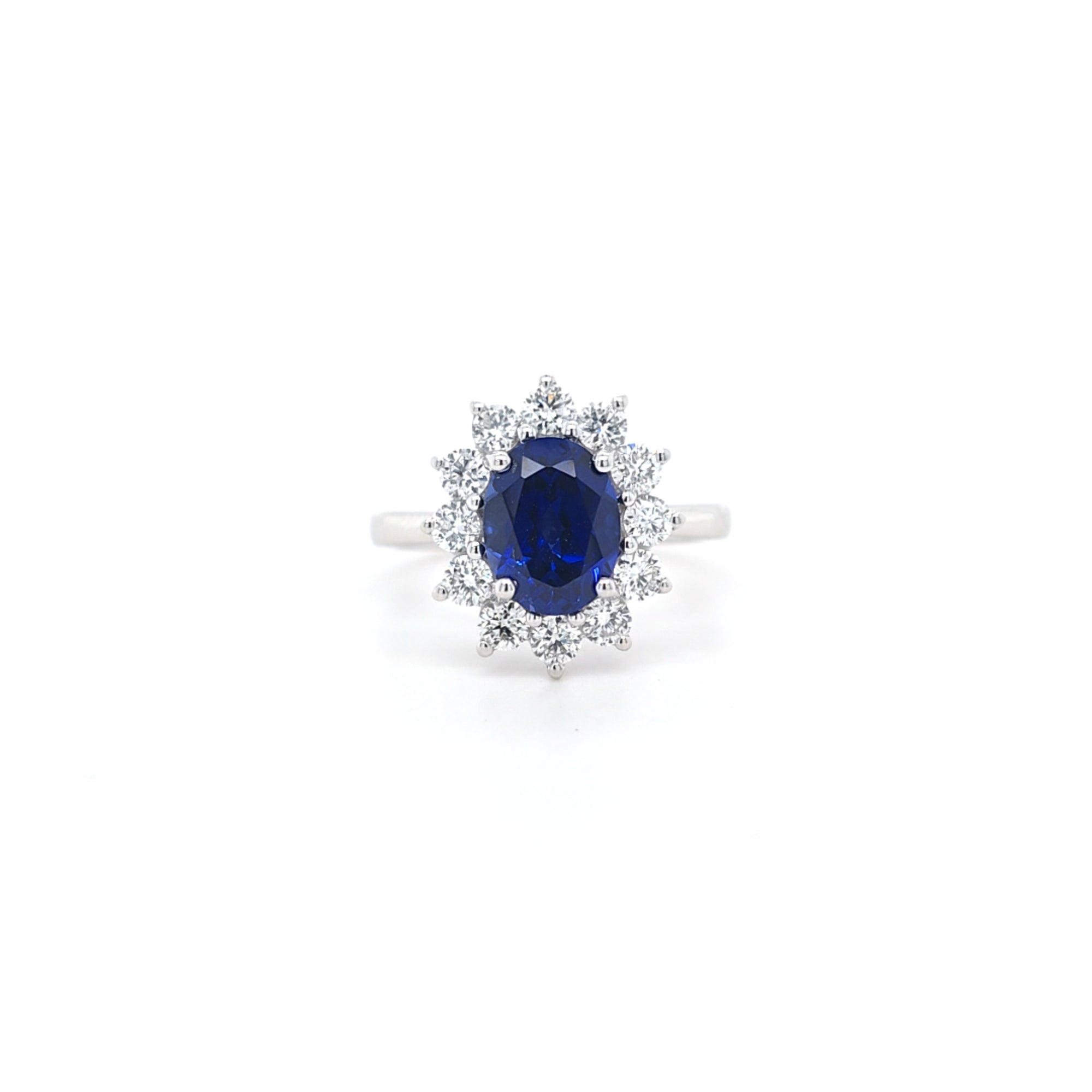 2.57ct LAB Sapphire & LAB Diamond Cluster Ring set in 9ct White Gold