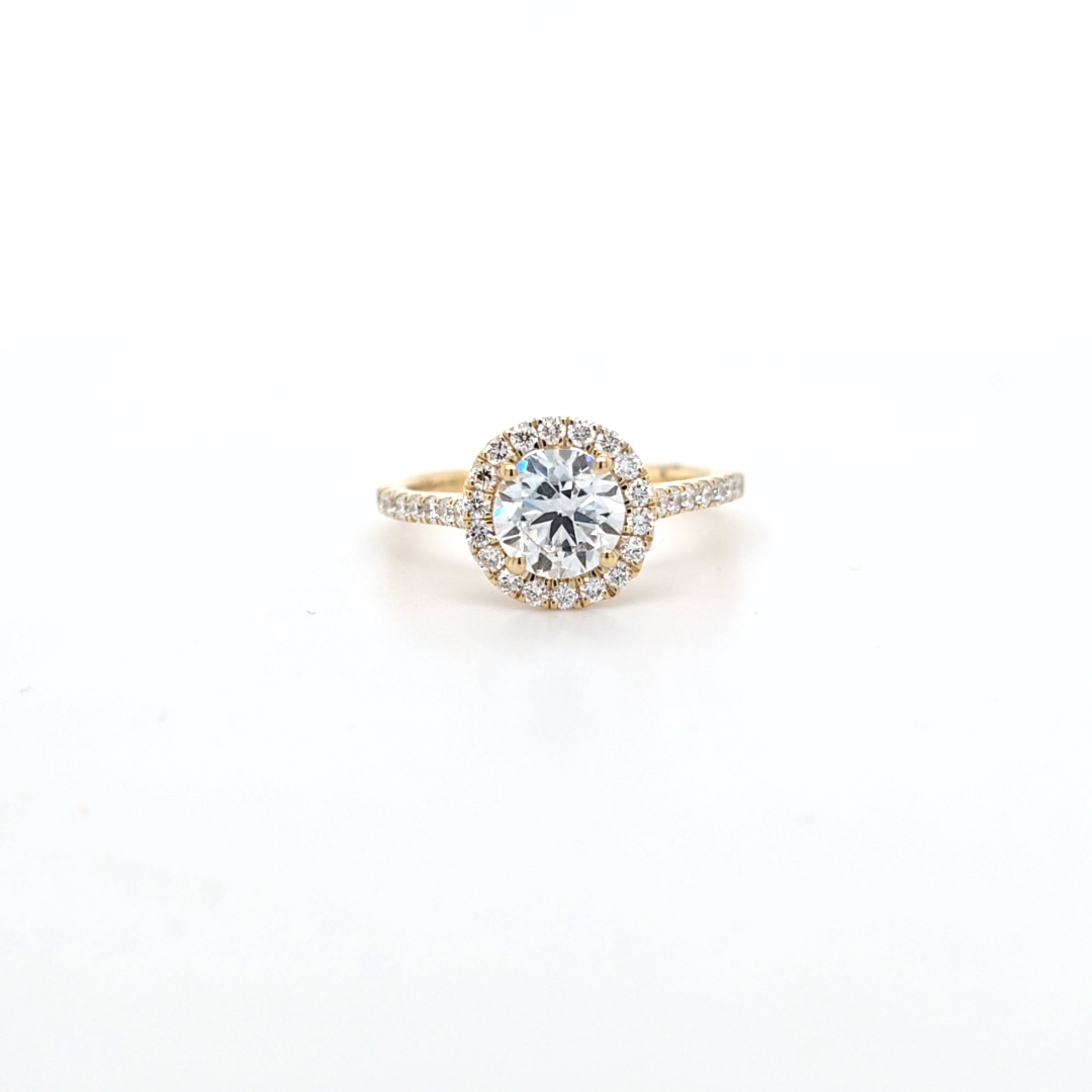 1.44ct F/VS LAB Diamond Halo Ring with Diamond Shoulders set in 9ct Yellow Gold - Montpellier Jewellers