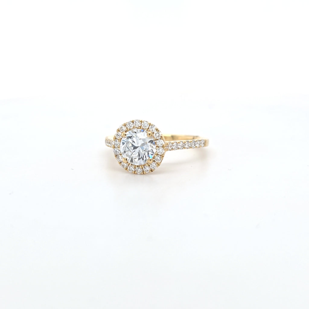 1.44ct F/VS LAB Diamond Halo Ring with Diamond Shoulders set in 9ct Yellow Gold