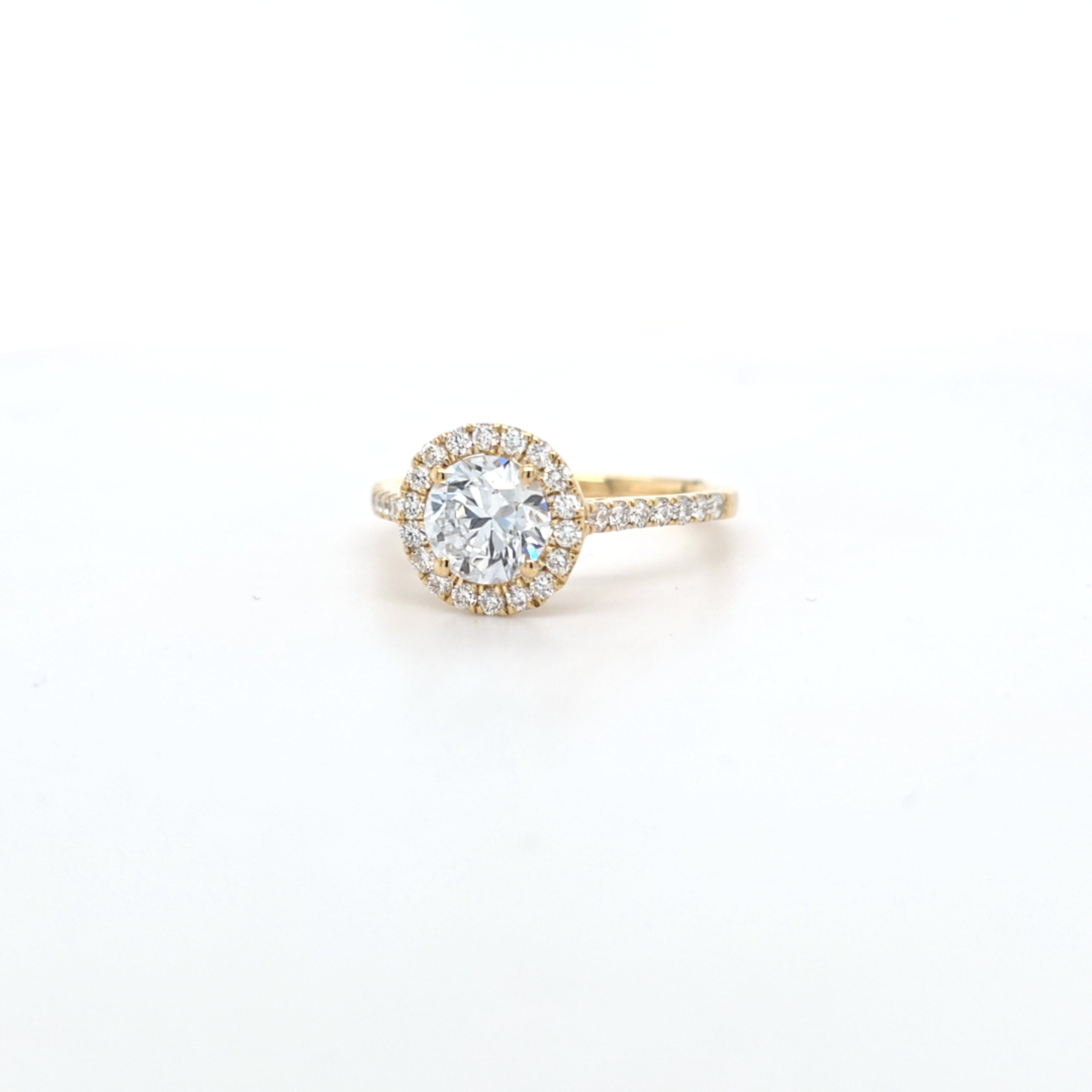 1.44ct F/VS LAB Diamond Halo Ring with Diamond Shoulders set in 9ct Yellow Gold - Montpellier Jewellers