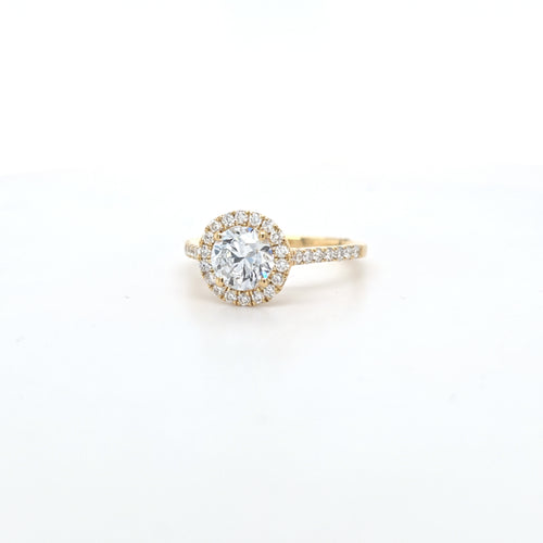 1.44ct F/VS LAB Diamond Halo Ring with Diamond Shoulders set in 9ct Yellow Gold - Montpellier Jewellers