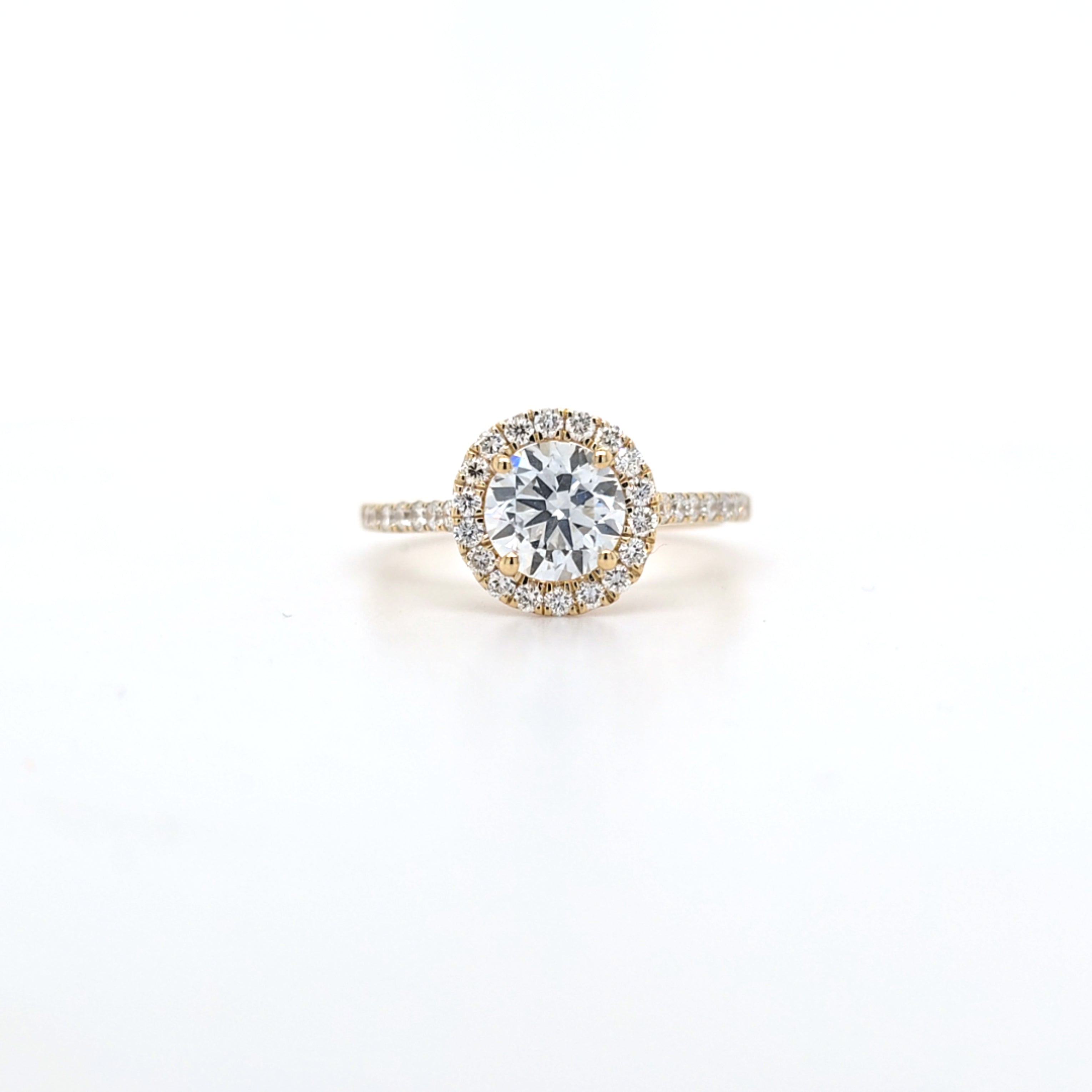 1.44ct F/VS LAB Diamond Halo Ring with Diamond Shoulders set in 9ct Yellow Gold - Montpellier Jewellers