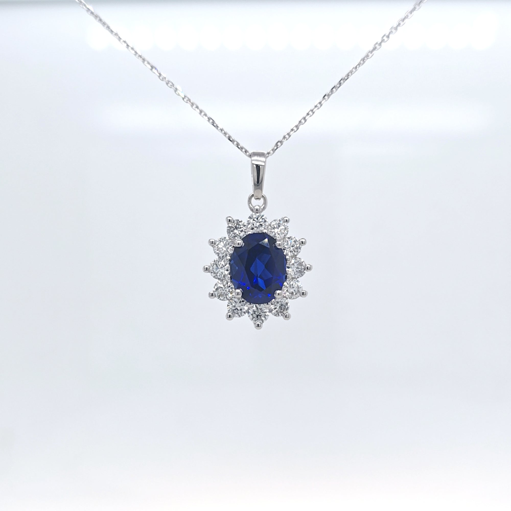 2.63ct LAB Sapphire and LAB Diamond Cluster Pendant in 9ct White Gold with Chain
