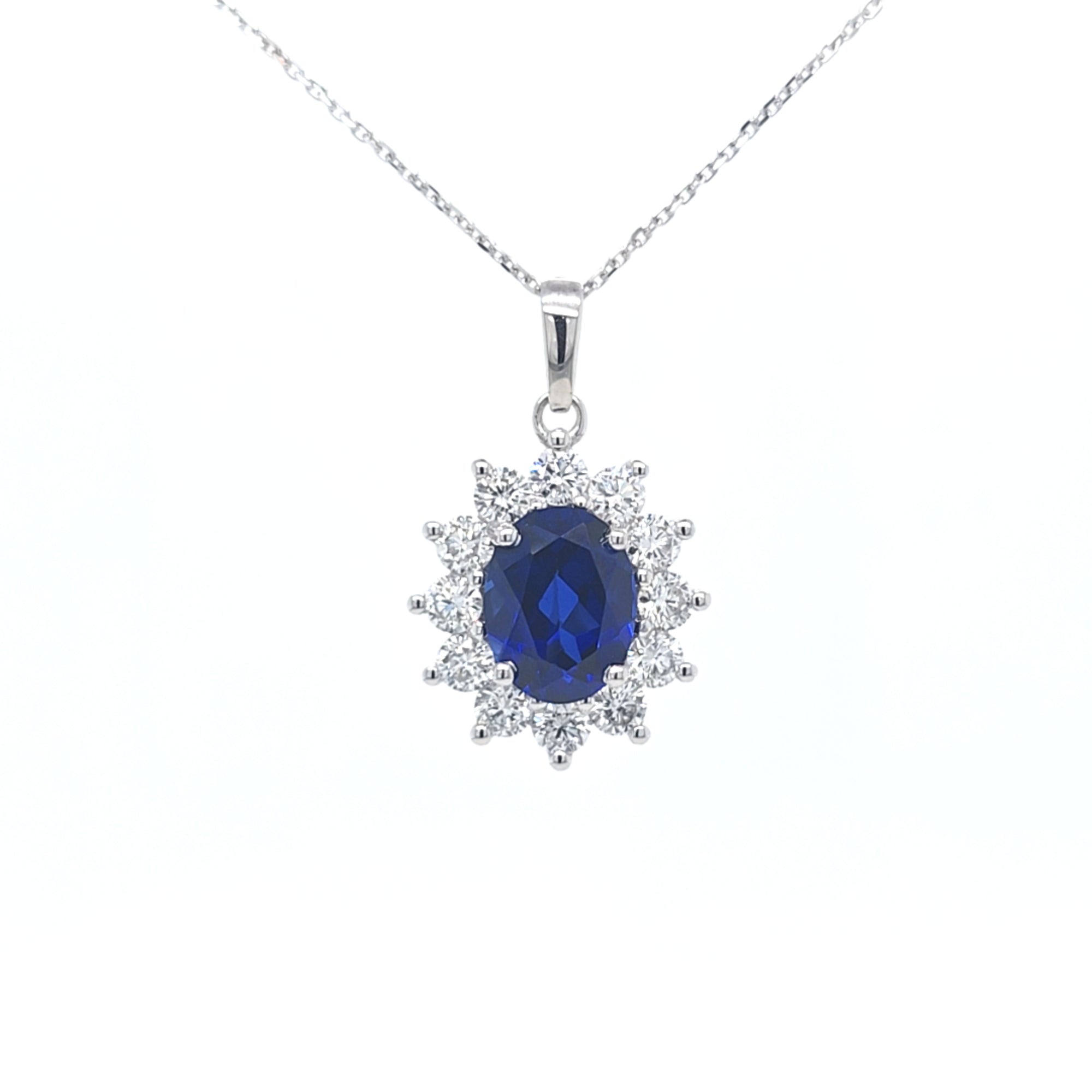 2.63ct LAB Sapphire and LAB Diamond Cluster Pendant in 9ct White Gold with Chain