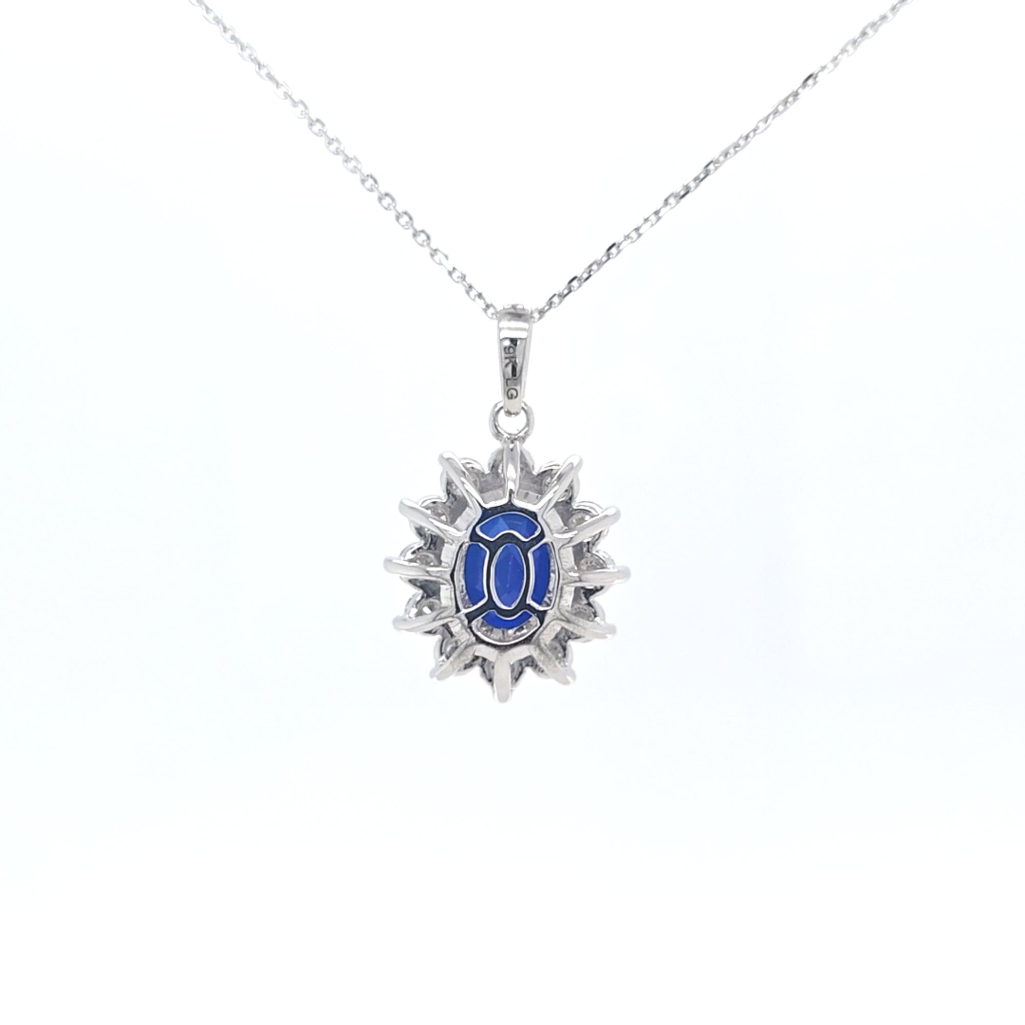 2.63ct LAB Sapphire and LAB Diamond Cluster Pendant in 9ct White Gold with Chain