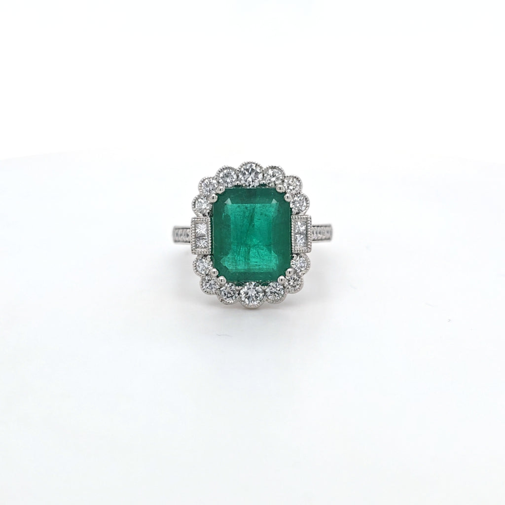 3.86ct Emerald and Diamond Cluster Ring with Diamond Shoulders Set in Platinum