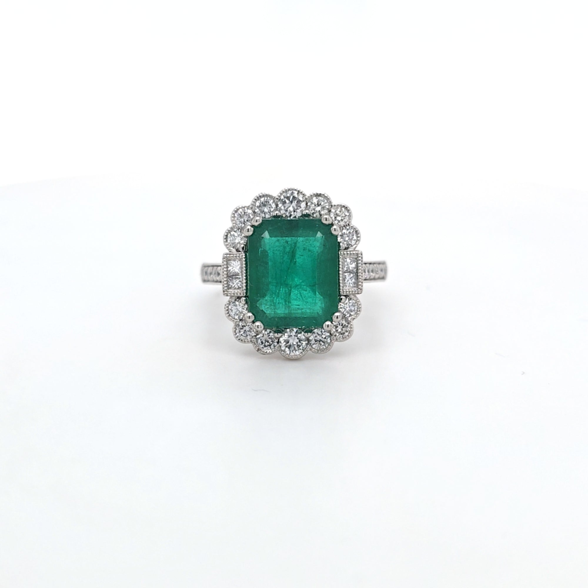 3.86ct Emerald and Diamond Cluster Ring with Diamond Shoulders Set in Platinum