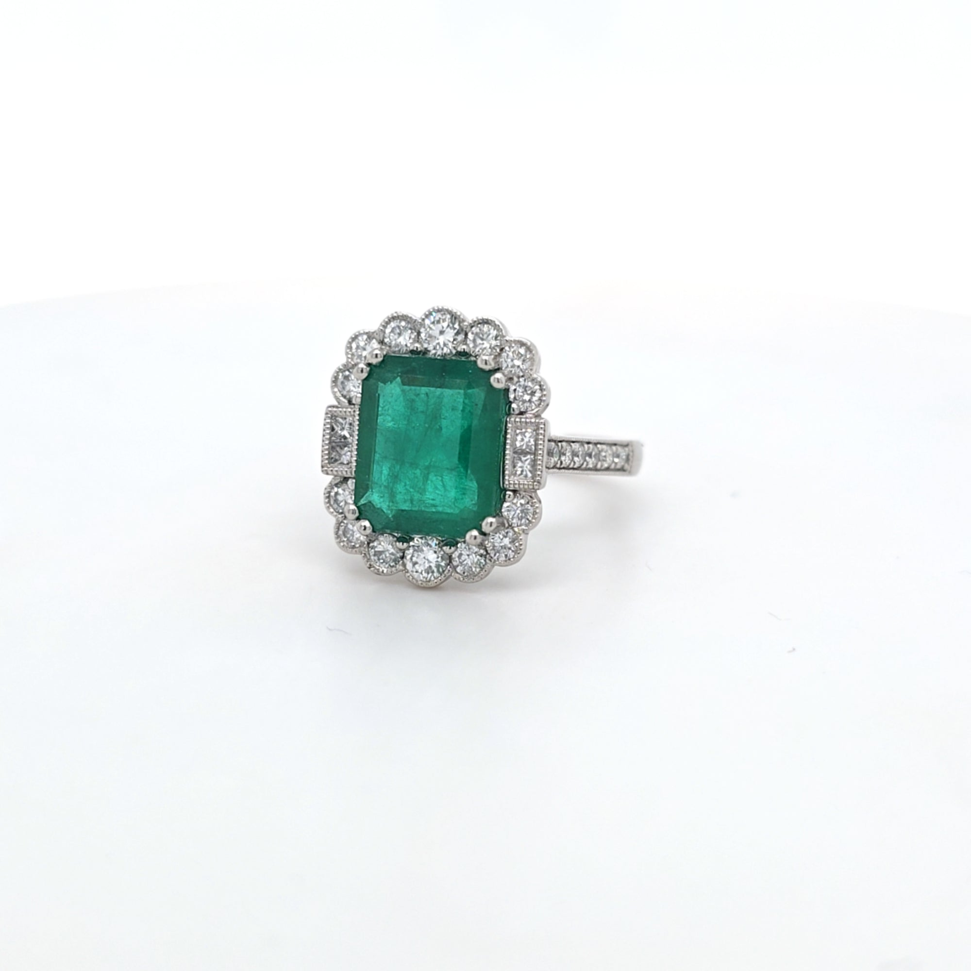 3.86ct Emerald and Diamond Cluster Ring with Diamond Shoulders Set in Platinum