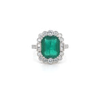 3.86ct Emerald and Diamond Cluster Ring with Diamond Shoulders Set in Platinum