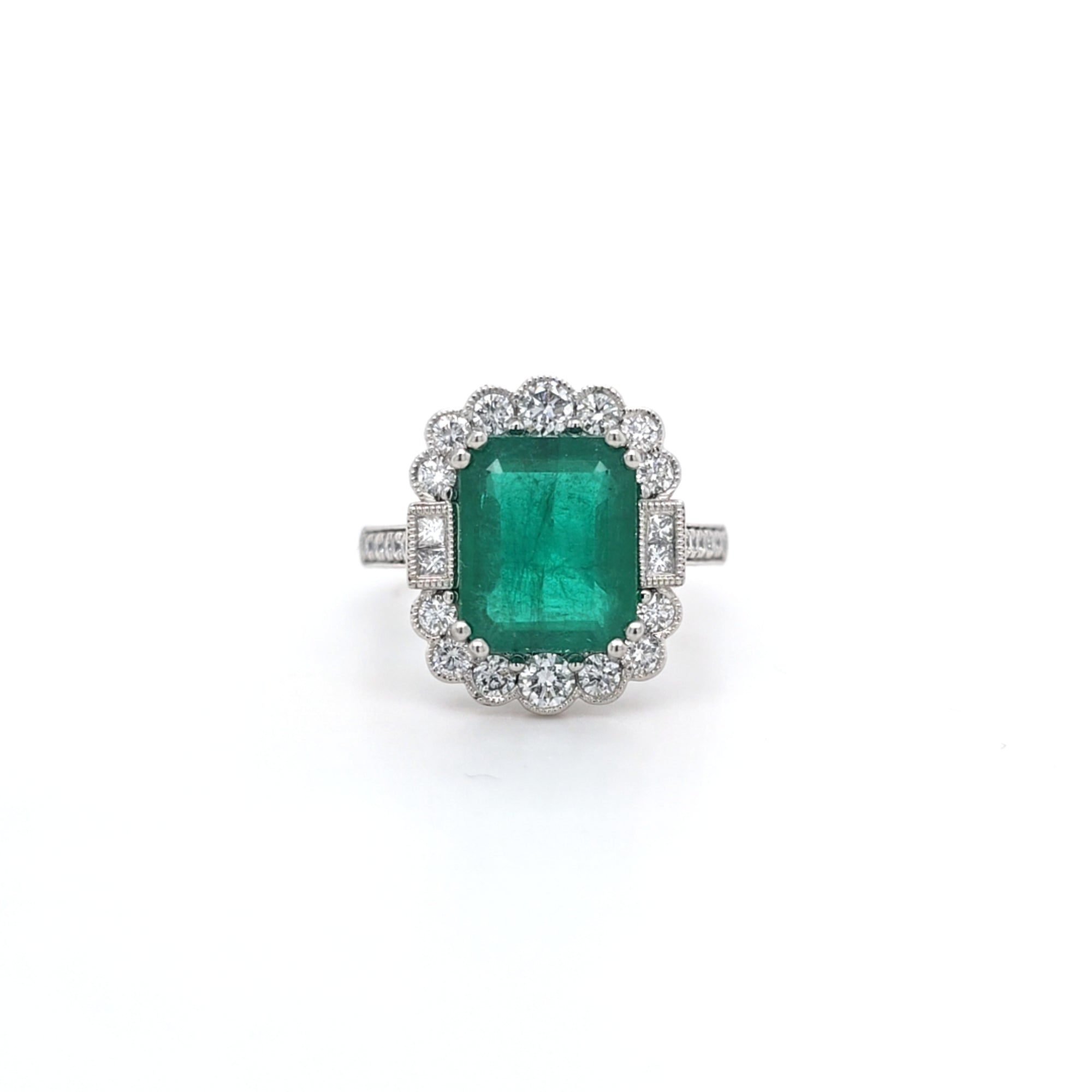 3.86ct Emerald and Diamond Cluster Ring with Diamond Shoulders Set in Platinum