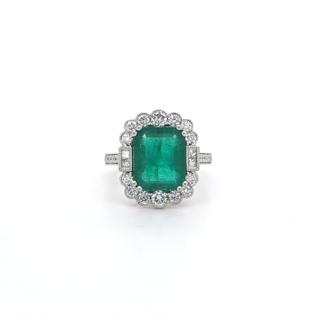 3.86ct Emerald and Diamond Cluster Ring with Diamond Shoulders Set in Platinum