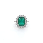 3.86ct Emerald and Diamond Cluster Ring with Diamond Shoulders Set in Platinum
