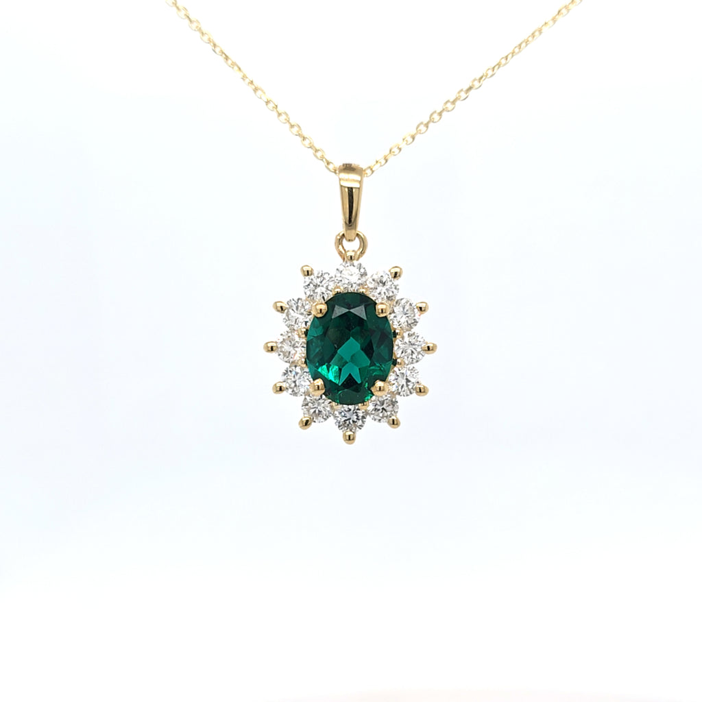 1.44ct LAB Emerald and LAB Diamond Cluster Pendant in 9ct Yellow Gold with Chain
