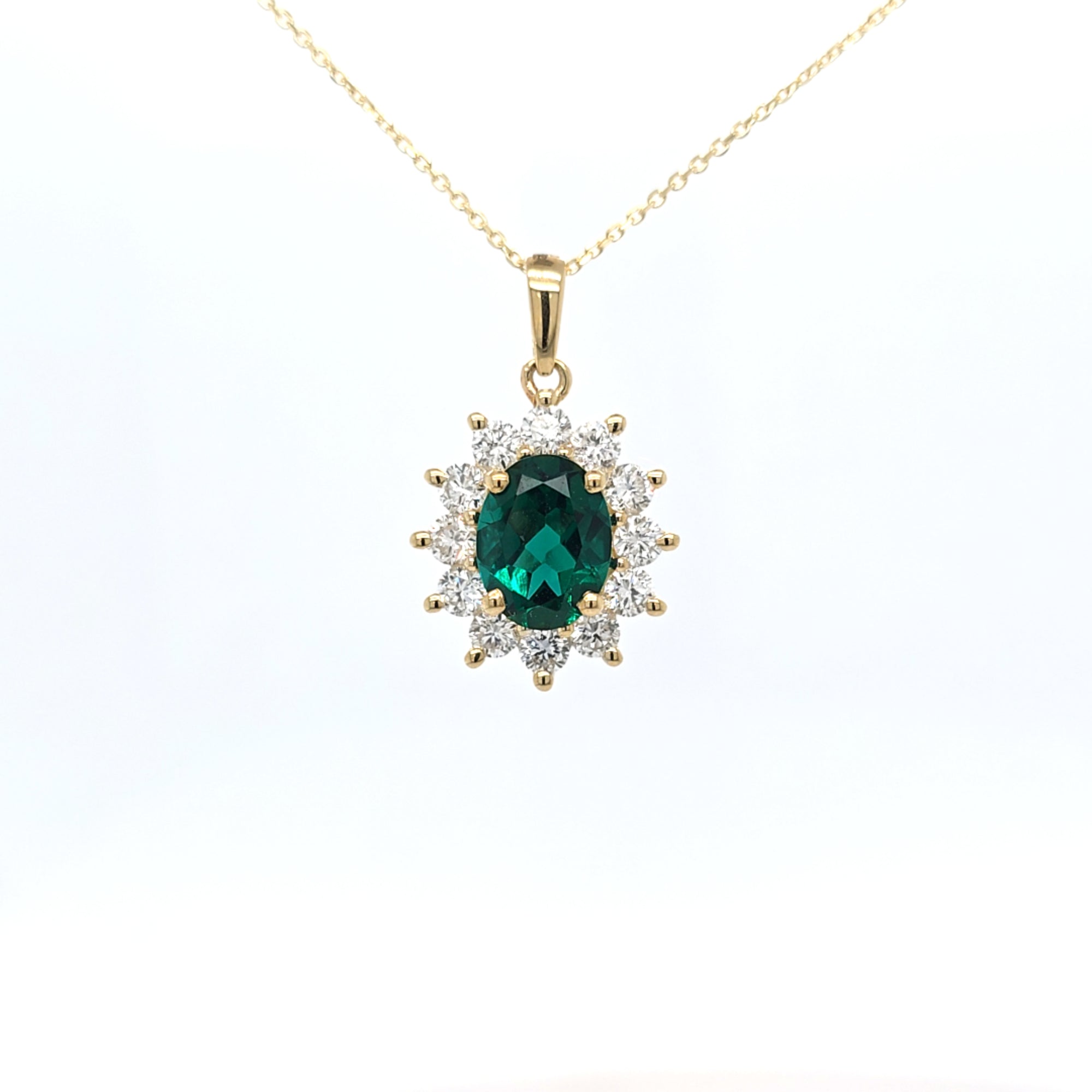 1.44ct LAB Emerald and LAB Diamond Cluster Pendant in 9ct Yellow Gold with Chain