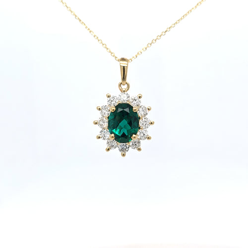 1.44ct LAB Emerald and LAB Diamond Cluster Pendant in 9ct Yellow Gold with Chain - Montpellier Jewellers