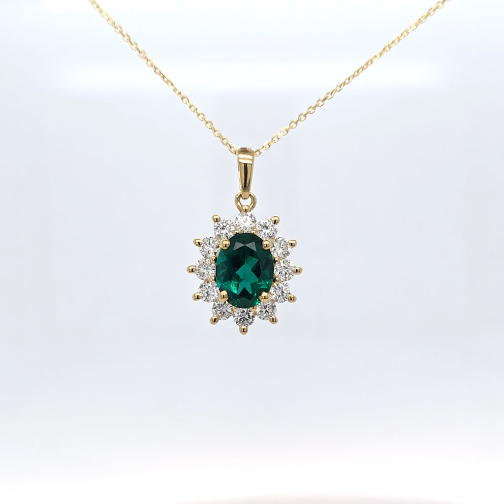 1.44ct LAB Emerald and LAB Diamond Cluster Pendant in 9ct Yellow Gold with Chain