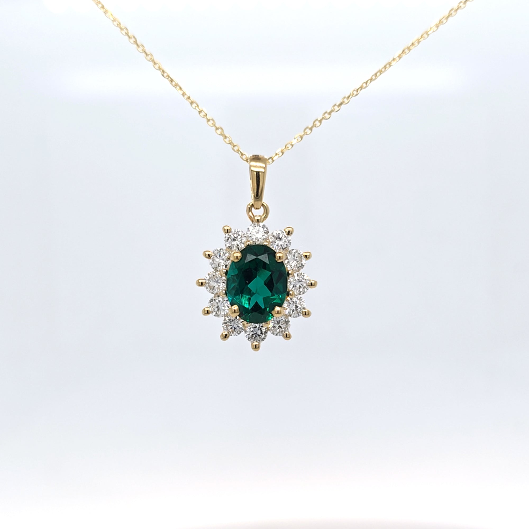 1.44ct LAB Emerald and LAB Diamond Cluster Pendant in 9ct Yellow Gold with Chain