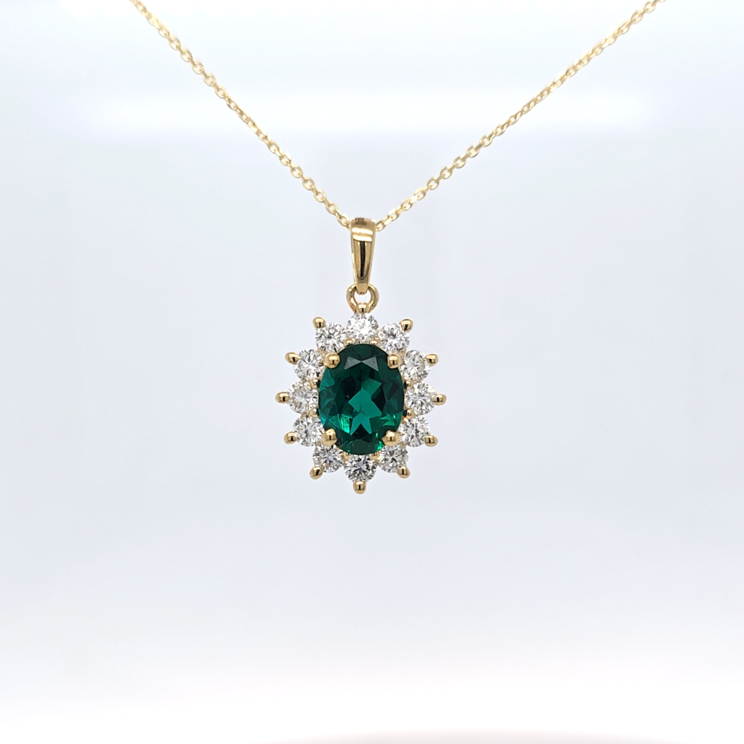 1.44ct LAB Emerald and LAB Diamond Cluster Pendant in 9ct Yellow Gold with Chain - Montpellier Jewellers