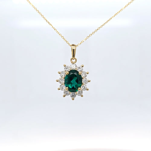 1.44ct LAB Emerald and LAB Diamond Cluster Pendant in 9ct Yellow Gold with Chain - Montpellier Jewellers