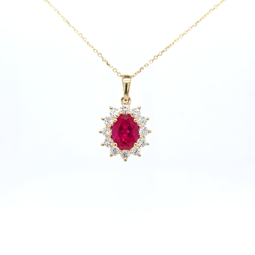 1.46ct LAB Ruby and LAB Diamond Cluster Pendant in 9ct Yellow Gold with Chain